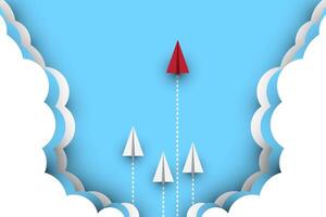 Unique Paper Plane Flying Up in the Sky, look like a Spaceship Release from Ground. Start-up Business. Metaphor Photo.Top View. Different vector