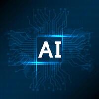 3D Rendering of computer mother board chip with AI text and glowing circuit background. vector
