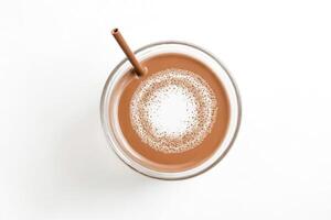 Top View of Chocolate Milk in Glass with Straw photo