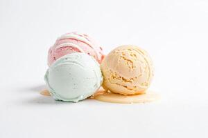 Three scoops of ice cream melting on white background photo