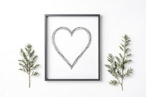 Minimalist Heart Shaped Art Print in Black Frame with Green Greenery photo