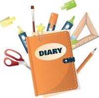 Concept of high school object and college education items with studying and educational elements. Top view of desk background. vector