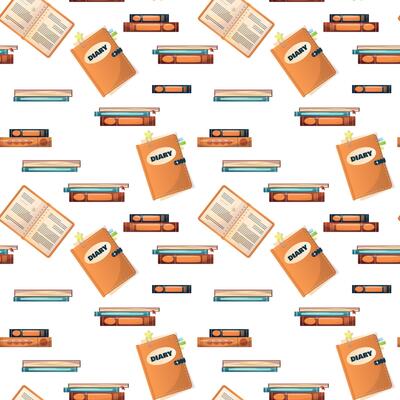 seamless school pattern on a white background. color illustration of different books, textbooks, diary, notebooks, sheets of paper, school supplies. pattern for textile, backgroundr