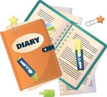 Concept of high school object and college education items with studying and educational elements. Top view of desk background. vector