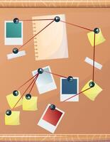 Cork board with pinned paper notepad sheets and photos realistic illustration vector