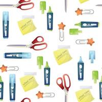 seamless school pattern on a white background. color illustration, markers of different colors, scissors, rulers, pencils, stickers, bookmarks, brushes. pattern for textile, background, packaging vector