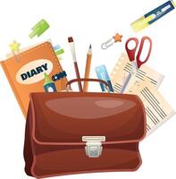 Back to school concept design. Welcome back to school in backpack with colorful supplies like notebook, marker, calculator and water color for educational design. vector