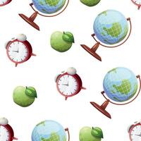 seamless school pattern on a white background. color illustration of globe, books, textbooks, alarm clock. pattern for textile, background, advertising vector