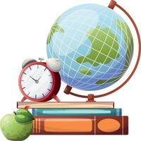 apple on pile of books, alarm clocks and globe with world map. Education and study learning concept. Back to school. illustration in flat style vector
