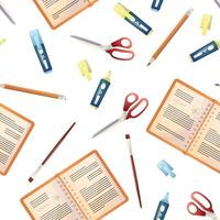 seamless school pattern on a white background. color illustration, markers of different colors, diary, scissors, rulers, pencils, stickers, bookmarks, brushes. pattern for textile, background vector