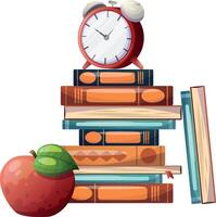 Red apple on pile of books, alarm clocks. Education and study learning concept. Back to school. illustration in flat style vector