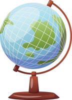 Cartoon world globe with stand icon on white background. Globe of planet Earth for concept of kids learning or world traveling vector