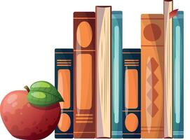 stack books of different genres with an apple on a white background. Reading concept. Book festival. Design of greeting cards, posters, patches, prints on clothes, emblems. Various colors books. vector