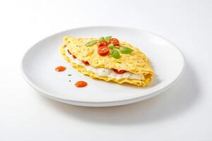 Delicious omelet with cherry tomatoes and basil on a white plate photo
