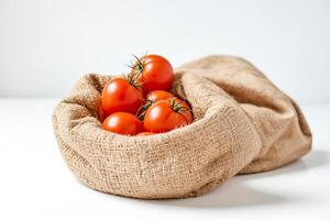 Fresh red tomatoes in a burlap sack photo