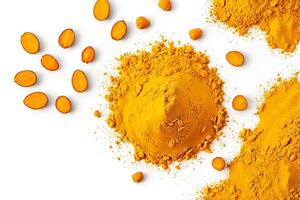Turmeric powder and root on white background photo