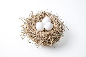 Three white eggs in a bird's nest photo