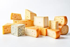Assortment of different kinds of cheese on a white background photo