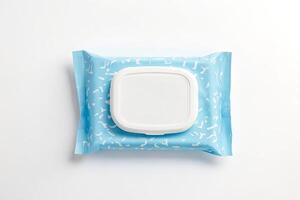 Top view of a blue and white wet wipe package photo