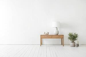 Minimalist Interior with Wooden Console Table and White Lamp photo