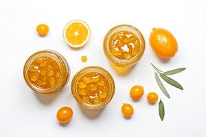 Jars of Lemon Marmalade with Lemon Slices and Leaves photo