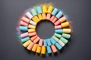 Colorful Chalk Sticks Arranged in a Circle on Black Background photo