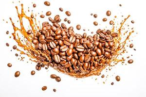 Coffee beans and coffee splash in the air photo