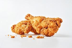 Crispy Fried Chicken Drumsticks with Flaky Coating on White Background photo