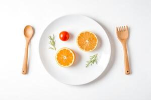 Minimalist Table Setting with Lemon, Tomato, and Wooden Utensils photo