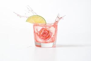 Closeup of Pink Rose in Glass of Water with Lime Wedge photo
