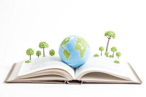 Globe on an open book with miniature trees photo