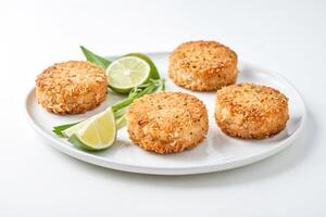 Coconut-Crusted Crab Cakes with Lime Wedges photo
