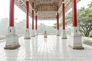 Ancient Chinese Pavilion With Red Columns and White Tiles photo