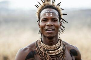 Portrait of a Maasai Man with Traditional Beads and Feathers photo