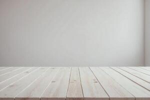 White Wooden Table Top with Blank Wall Background photo