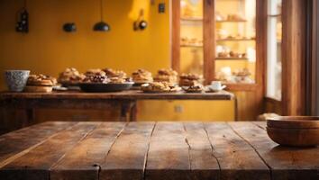 Rustic wooden table with bowls in a bakery photo