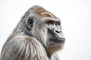 Close-up portrait of a silverback gorilla against a white background photo