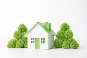 Small Green House Model with Green Trees on White Background photo