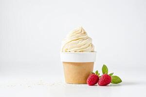 Vanilla Ice Cream in a Paper Cup with Raspberries photo