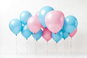 Blue and pink balloons with ribbons on white background photo