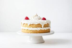 White Cake with Raspberries on a White Cake Stand photo