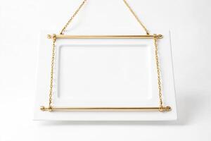 Blank White Sign with Golden Chains and Bar photo