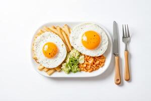 Two Fried Eggs with French Fries, Salad and Pasta on a Plate photo