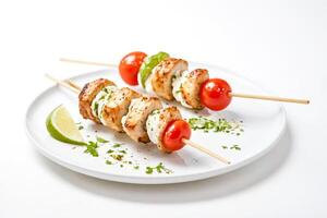 Chicken and Tomato Skewers on a White Plate photo