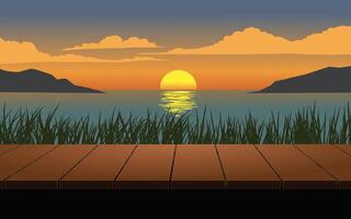 Tranquil lake sunset view with wooden dock vector