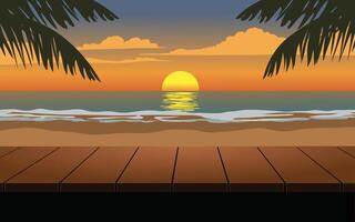 Tranquil beach sunset view with wooden dock and palm trees vector