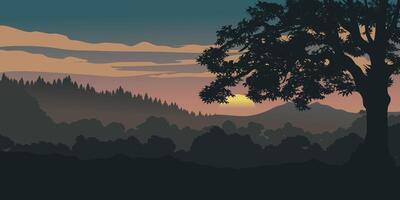 Beautiful sunset over forest with a tree and mountains in the background vector