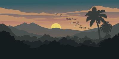 Beautiful sunset over tropical forest with palm trees and mountains in the background vector