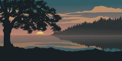 Beautiful sunset viiew at lake with a tree vector