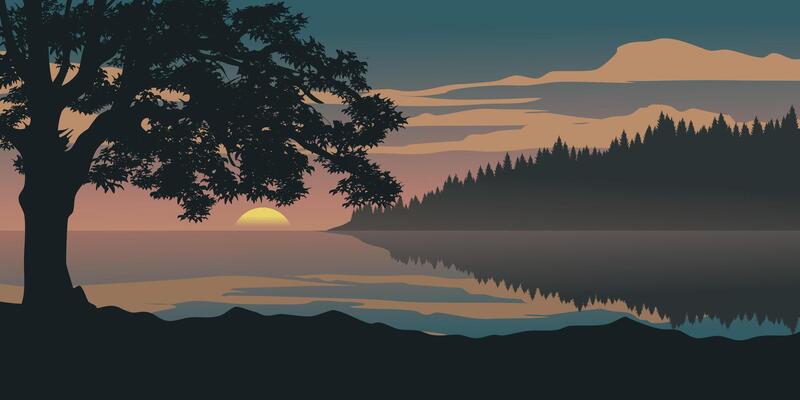 Beautiful sunset viiew at lake with a tree